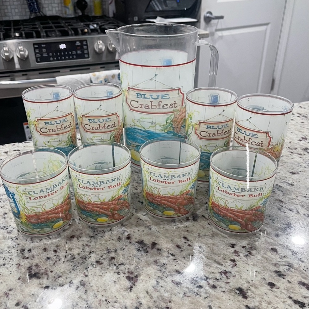 9 Vintage Matching Kate McRostie Blue Crabfest Plastic Pitcher & Glasses NWT